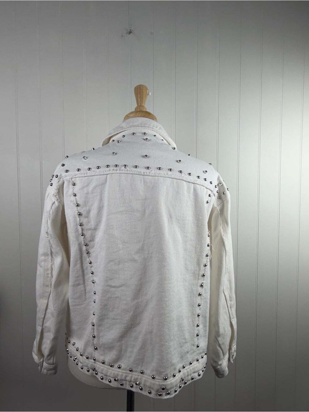 White Studded Denim Jacket | Western Glam Distressed Jacket | M/L - Picture 6 of 7
